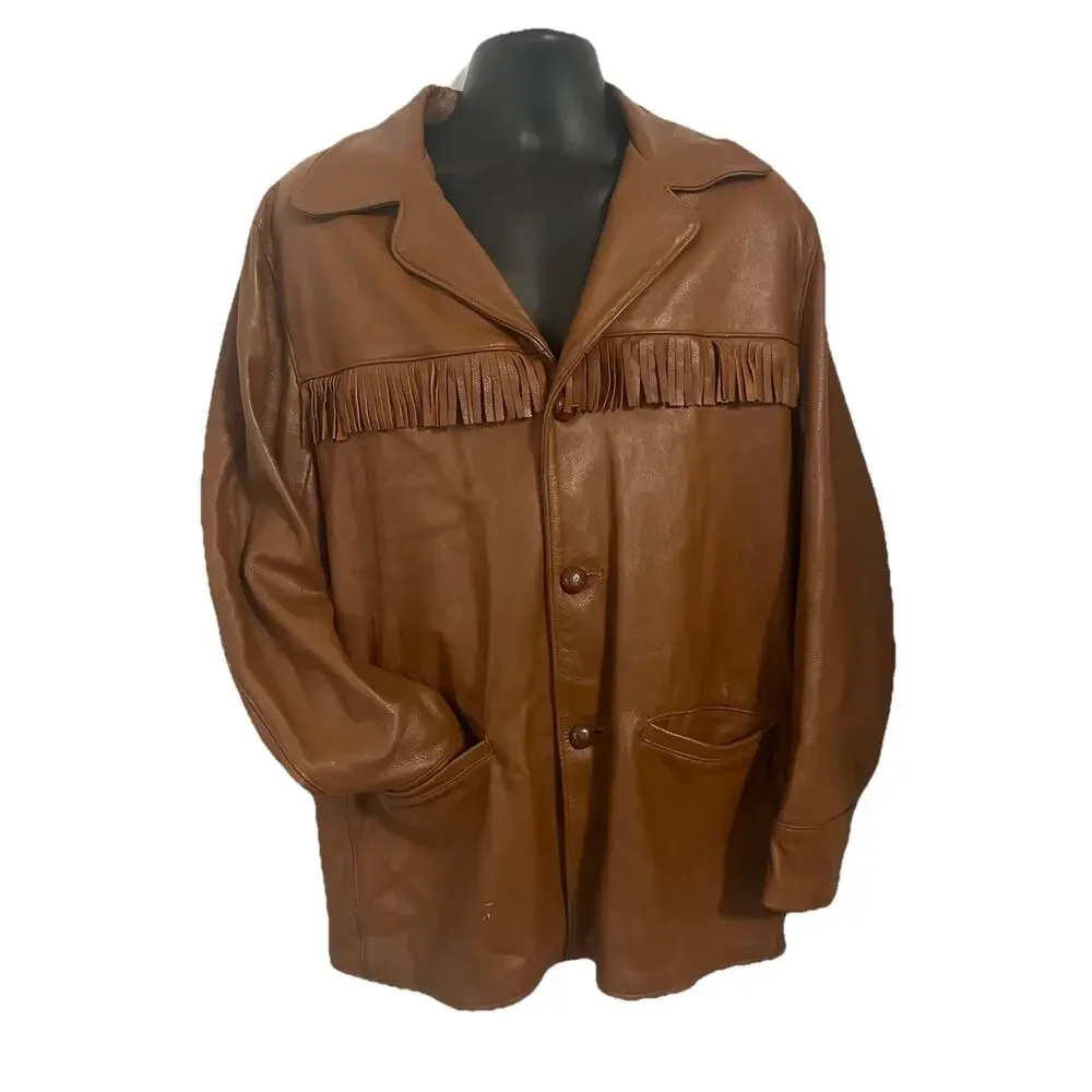VTG 70s Deerskin Leather Jacket Fringe Western Belted Dagger Rock Brown L/XL 46